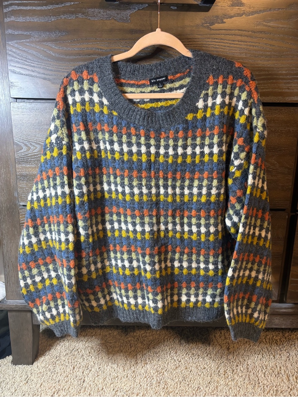 Blu Pepper Gray Crewneck Sweater with Mustard, Rust & Navy Pattern